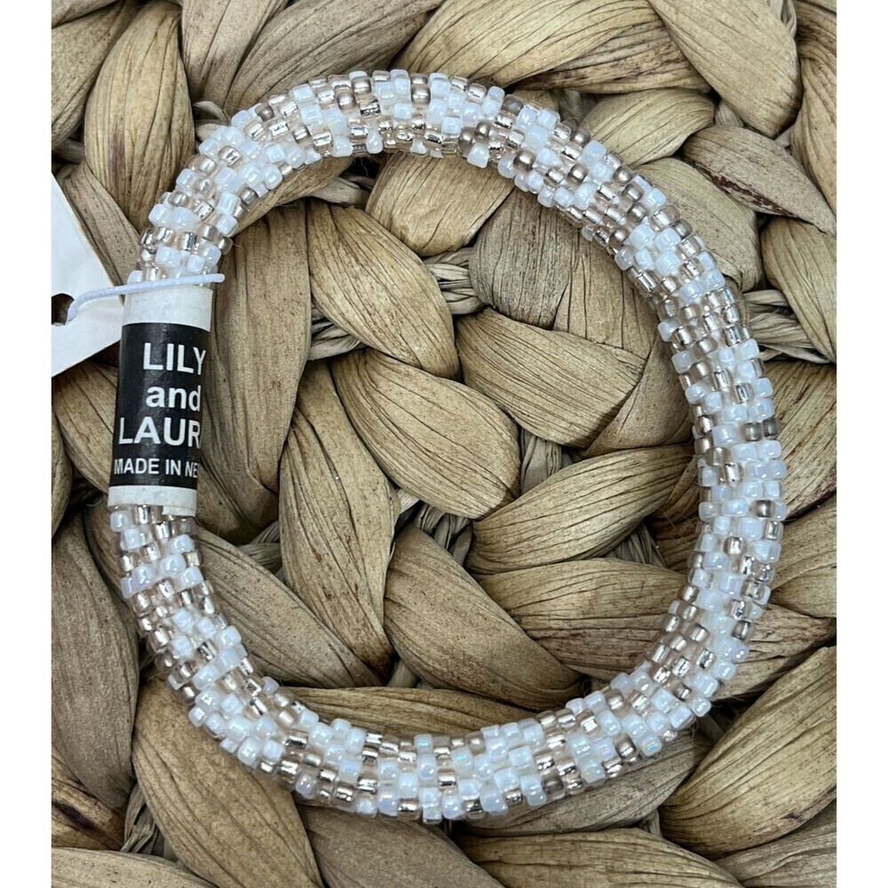 LILY and LAURA "Rose Gold Confetti" Hand Crocheted Beaded Bracelet White